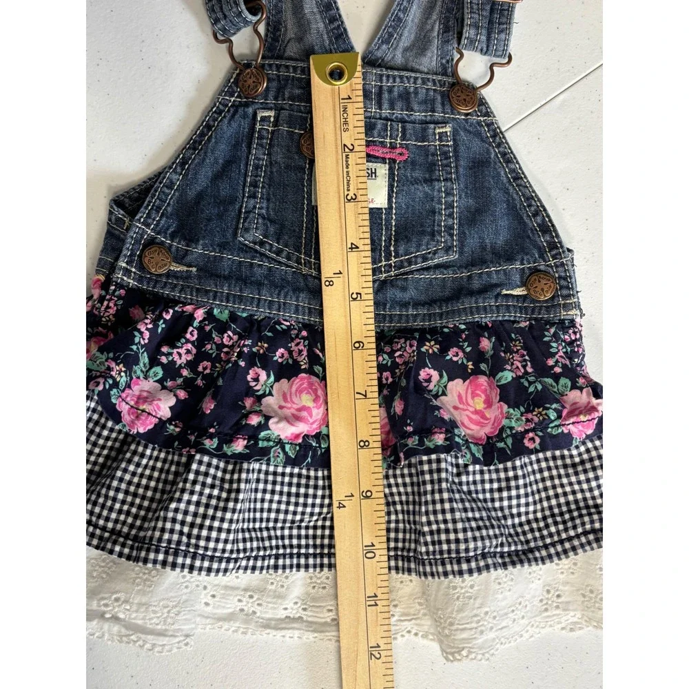 OshKosh B'gosh Jumper Dress Girl 18M Blue Floral Gingham Eyelet Ruffle Denim